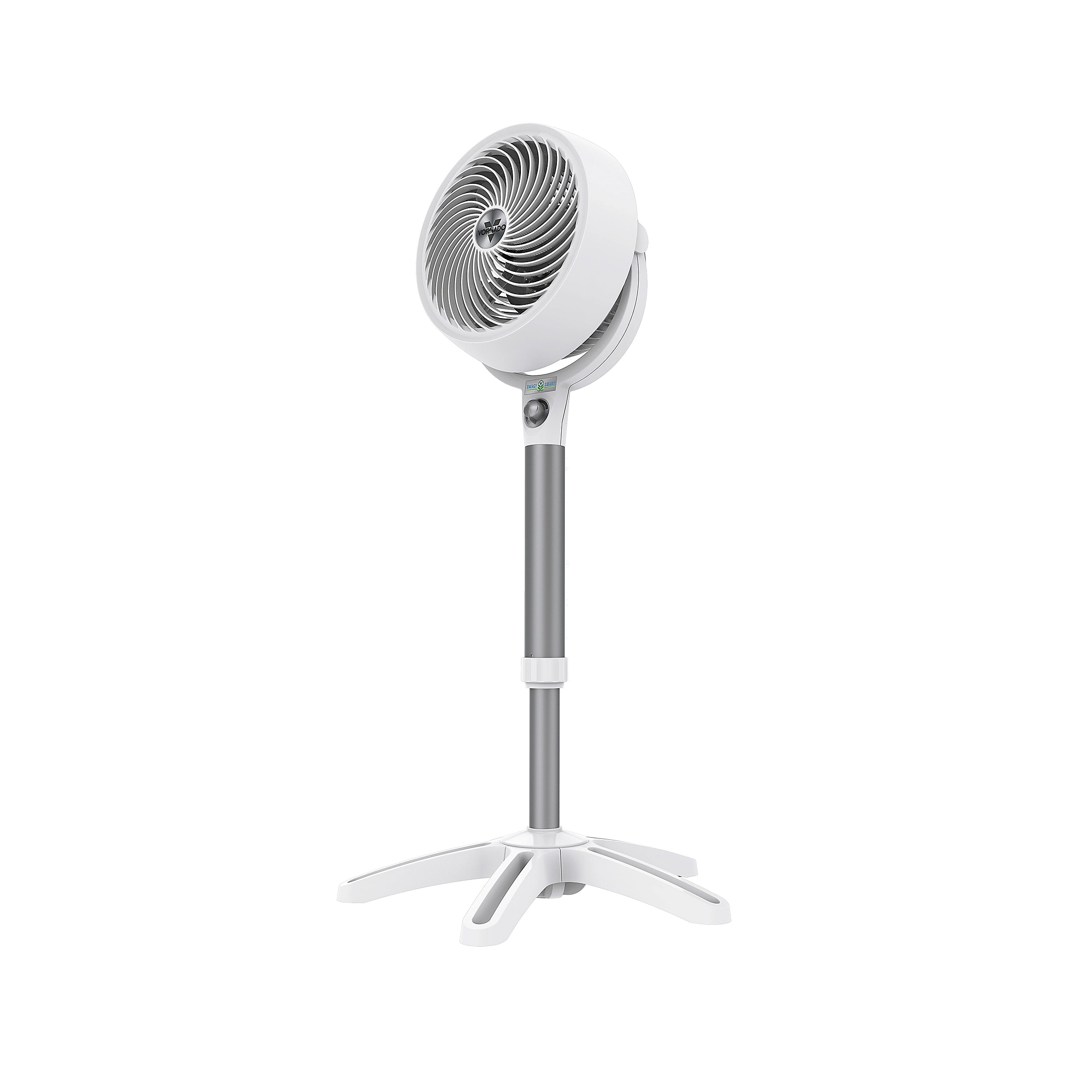 The Vornado Pedestal Fan features a modern, adjustable height design with a circular fan head and spiral grille for improved airflow. Its sleek base provides stability.