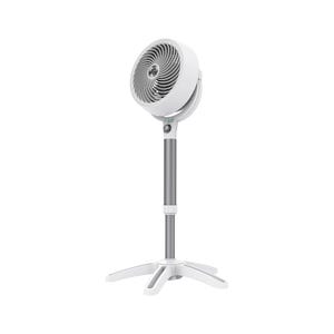 The Vornado Pedestal Fan features a modern, adjustable height design with a circular fan head and spiral grille for improved airflow. Its sleek base provides stability.