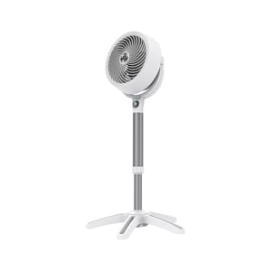 The Vornado Pedestal Fan features a modern, adjustable height design with a circular fan head and spiral grille for improved airflow. Its sleek base provides stability.