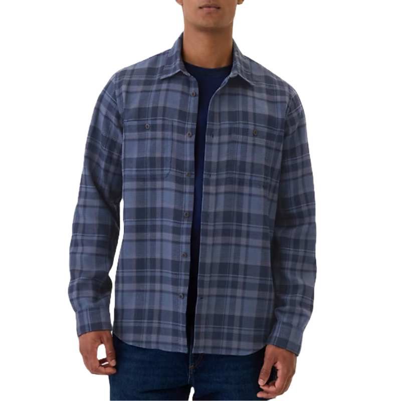 Men's long-sleeve blue plaid waffle-knit shirt with a button-up front and two chest pockets. Suitable for casual wear, styled over a darker tee and paired with jeans.
