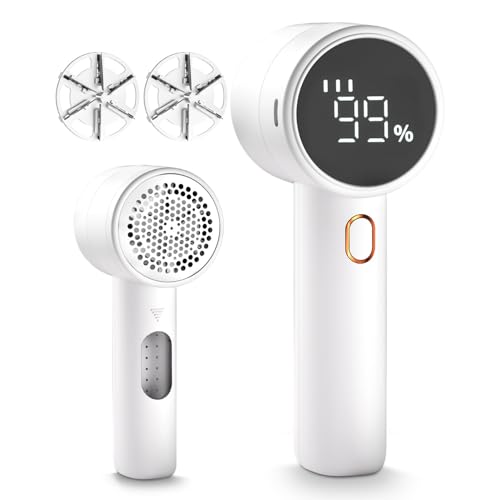 A rechargeable fabric shaver with a digital display showing battery percentage, featuring a lint removal head and additional replacement blades.