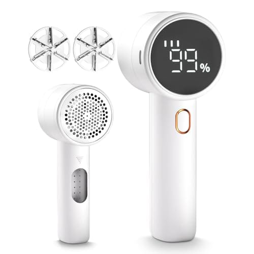 A rechargeable fabric shaver with a digital display showing battery percentage, featuring a lint removal head and additional replacement blades.