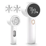 A rechargeable fabric shaver with a digital display showing battery percentage, featuring a lint removal head and additional replacement blades.