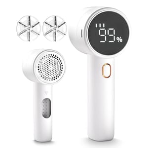 A rechargeable fabric shaver with a digital display showing battery percentage, featuring a lint removal head and additional replacement blades.