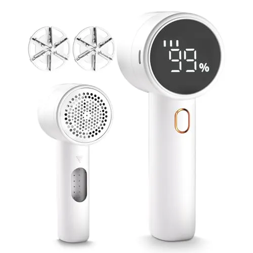 A rechargeable fabric shaver with a digital display showing battery percentage, featuring a lint removal head and additional replacement blades.