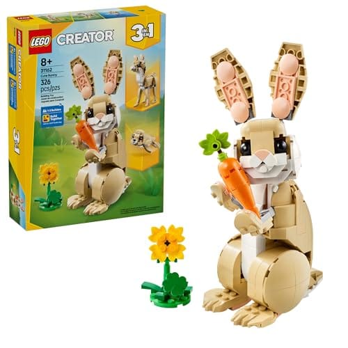 LEGO Creator 3-in-1 set (31142) features a buildable rabbit with a carrot and sunflower. The set is suitable for ages 8 and up and includes 326 pieces, allowing for three different animal builds.