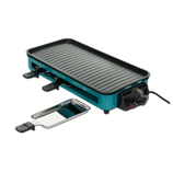 Electric grill with a ridged non-stick cooking surface, adjustable temperature control, and detachable raclette trays for cheese or sauces.
