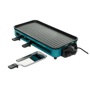 Electric grill with a ridged non-stick cooking surface, adjustable temperature control, and detachable raclette trays for cheese or sauces.