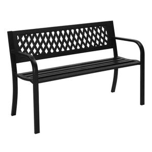 Black metal outdoor bench with a lattice-patterned backrest and slatted seat, featuring curved armrests and angled legs for support.