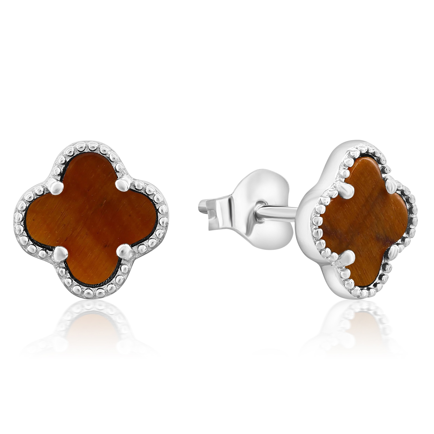 Silver stud earrings featuring four-leaf clover designs with brown stone centers and textured borders.