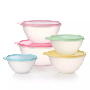 A set of five nested white plastic bowls with pastel-colored lids in pink, green, yellow, and blue, designed for storage and organization.