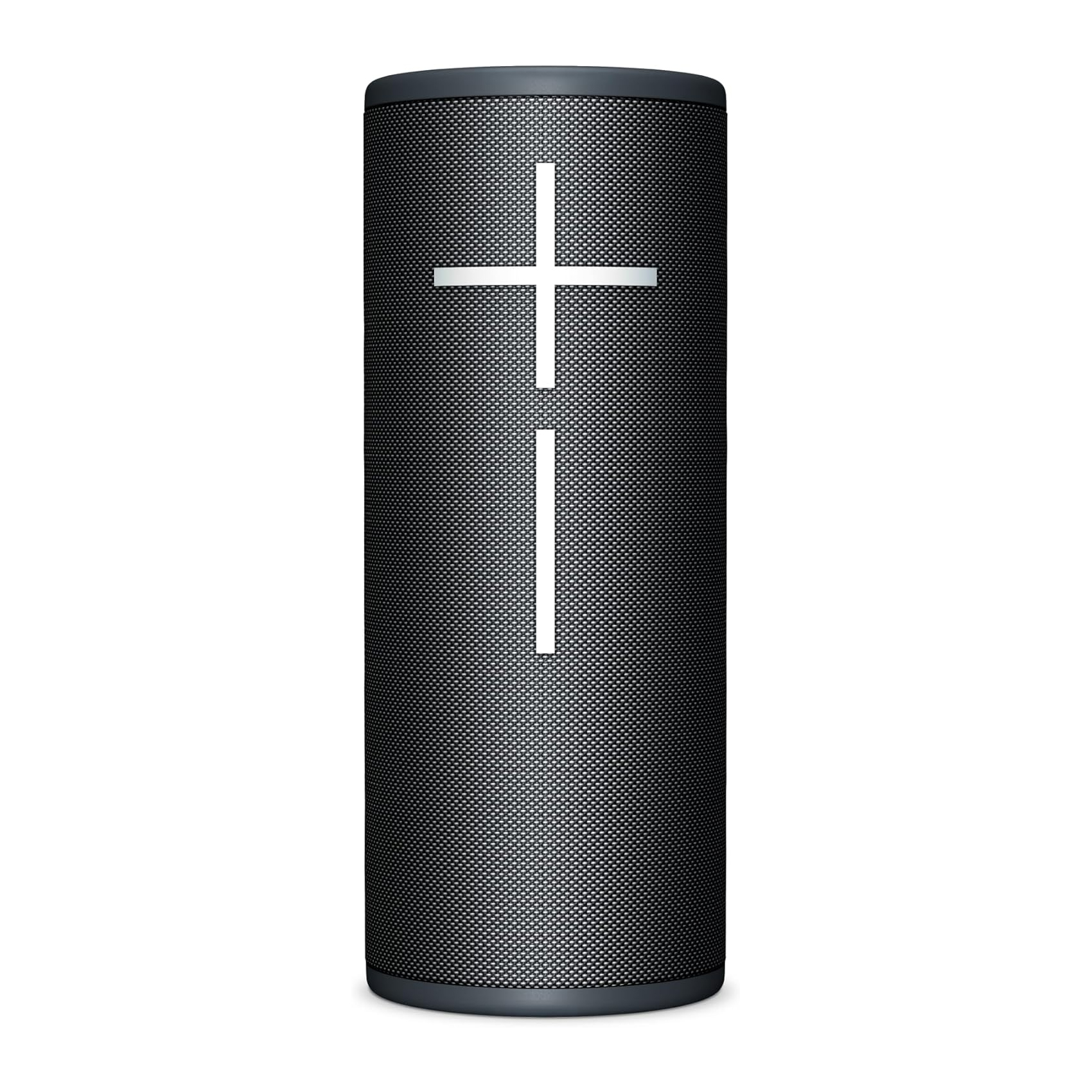 A cylindrical, black Bluetooth speaker with large, vertical \“+\“ and \“−\“ volume buttons on the front, known for 360-degree sound output and water resistance.