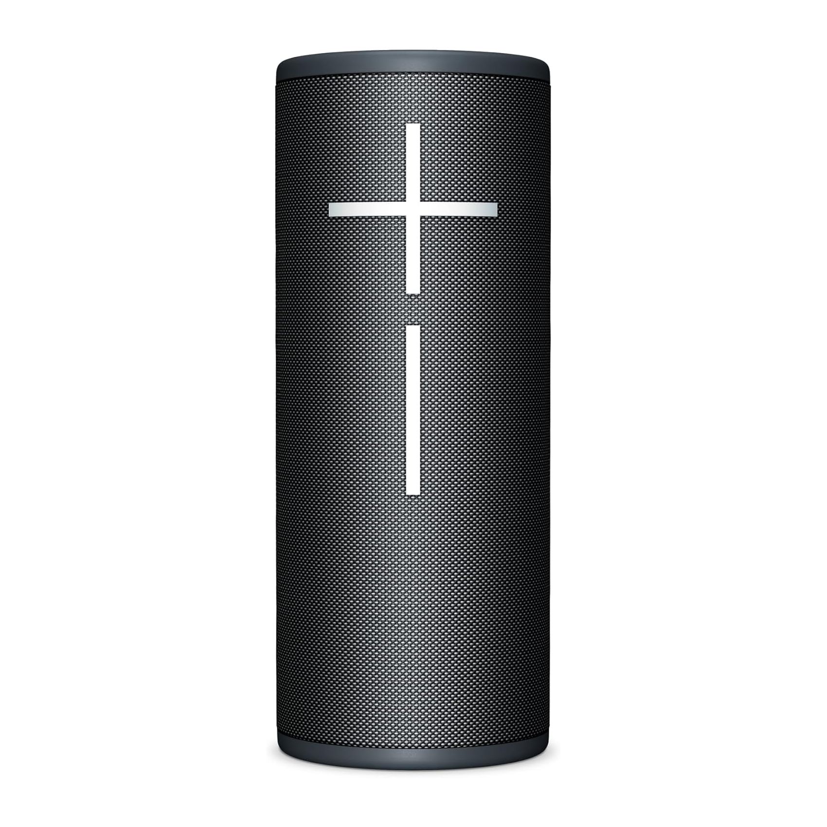 A cylindrical, black Bluetooth speaker with large, vertical \“+\“ and \“−\“ volume buttons on the front, known for 360-degree sound output and water resistance.