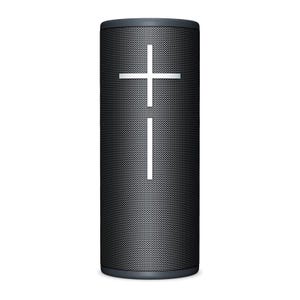 A cylindrical, black Bluetooth speaker with large, vertical \“+\“ and \“−\“ volume buttons on the front, known for 360-degree sound output and water resistance.