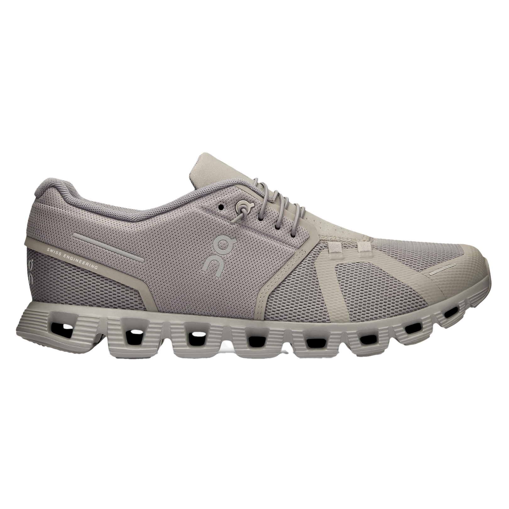 Grey athletic shoe with distinctive cushioned sole and mesh upper, featuring Swiss engineering branding and lace-up design.