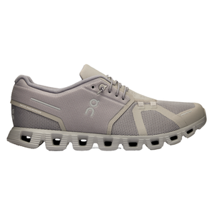 Grey athletic shoe with distinctive cushioned sole and mesh upper, featuring Swiss engineering branding and lace-up design.