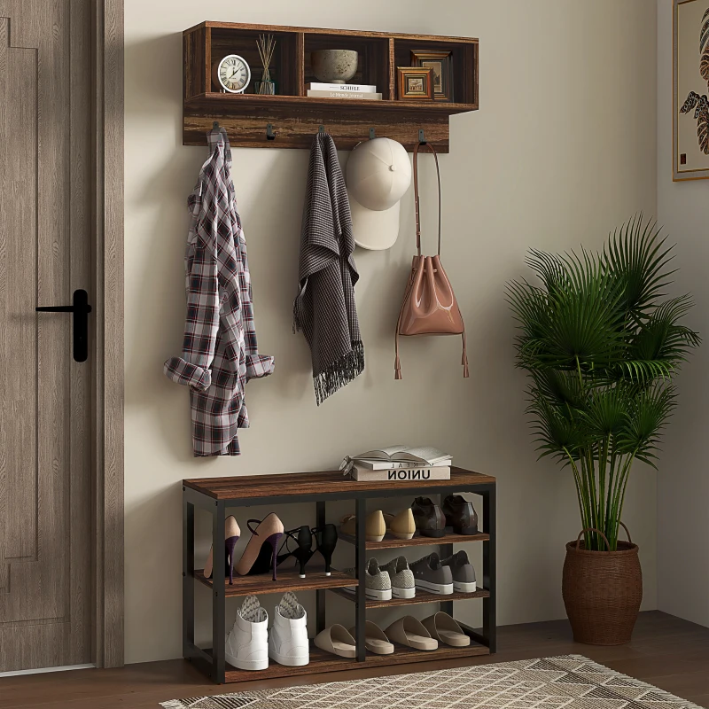 A wooden wall-mounted coat rack with shelves holds a clock, a book, and a photo. Below, a shoe rack displays various shoes on display. A potted plant is next to a wooden door.