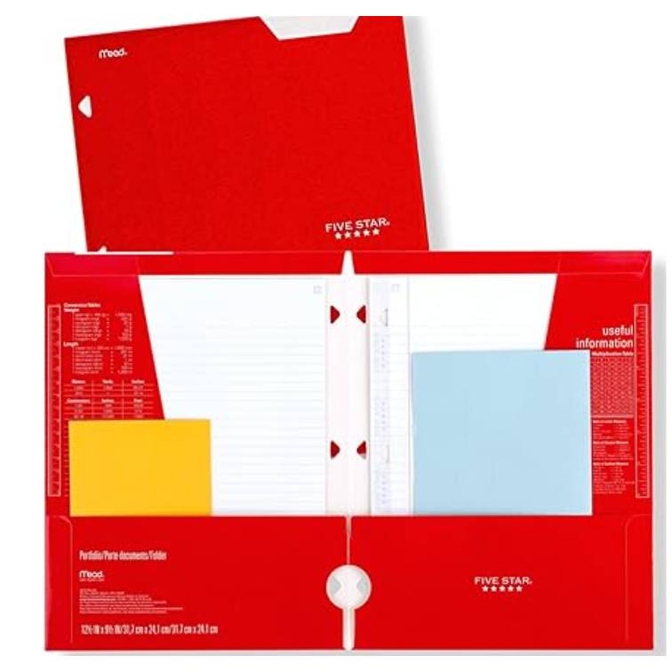 Red Five Star folder with interior document pockets, conversion charts, and a lined notepad.
