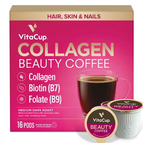 VitaCup Collagen Beauty Coffee, Medium Dark Roast, 16 pods, enriched with collagen, biotin (B7), and folate (B9) to support hair, skin, and nails.