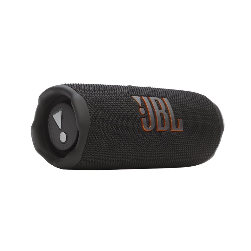 A black JBL portable Bluetooth speaker with textured fabric covering and a cylindrical shape, featuring the JBL logo in orange.