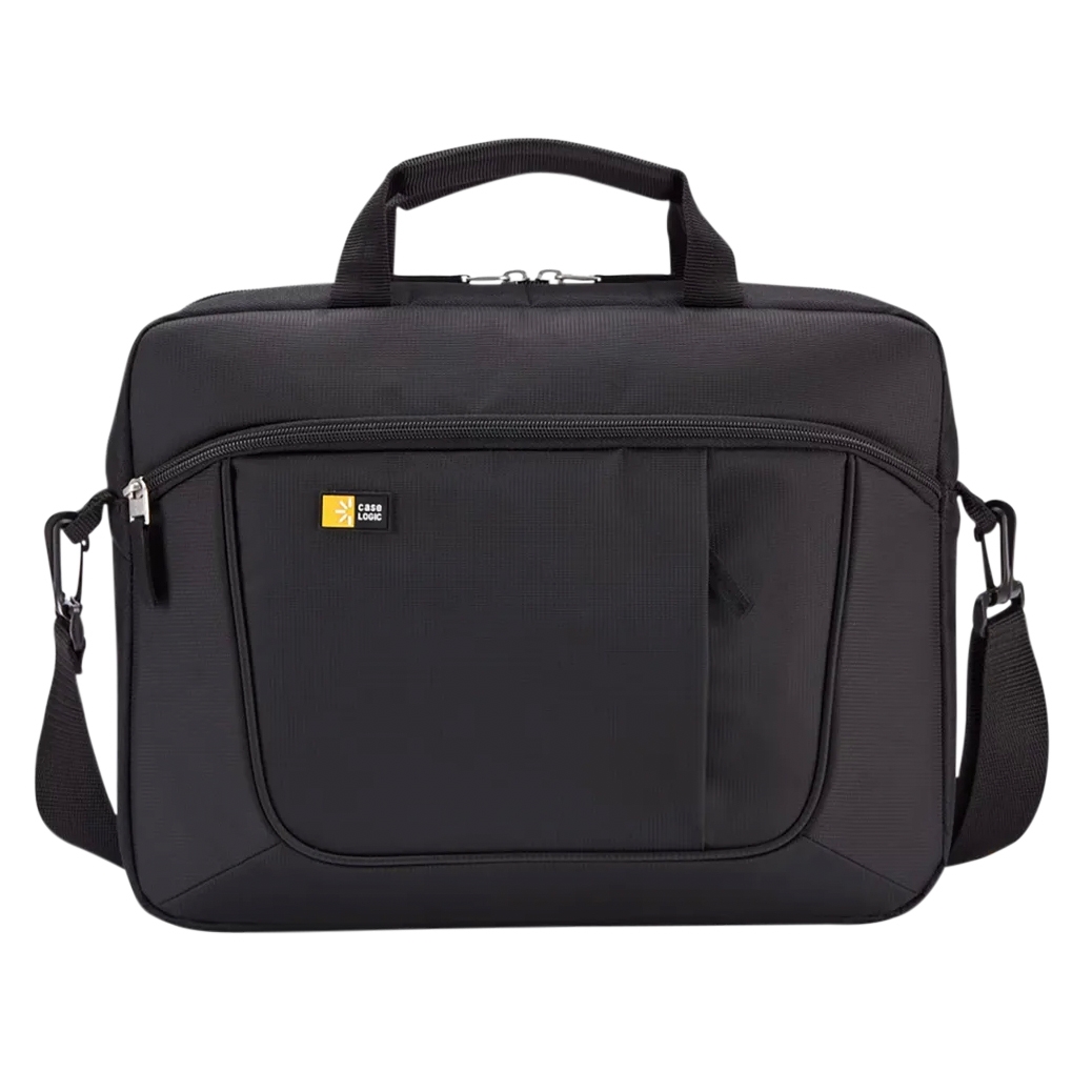 Black laptop bag with dual handles, detachable shoulder strap, and front zippered pocket. Features a logo patch for Case Logic. Suitable for carrying a laptop and accessories.