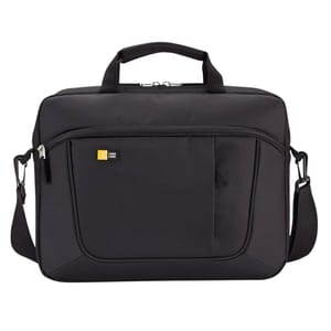 Black laptop bag with dual handles, detachable shoulder strap, and front zippered pocket. Features a logo patch for Case Logic. Suitable for carrying a laptop and accessories.