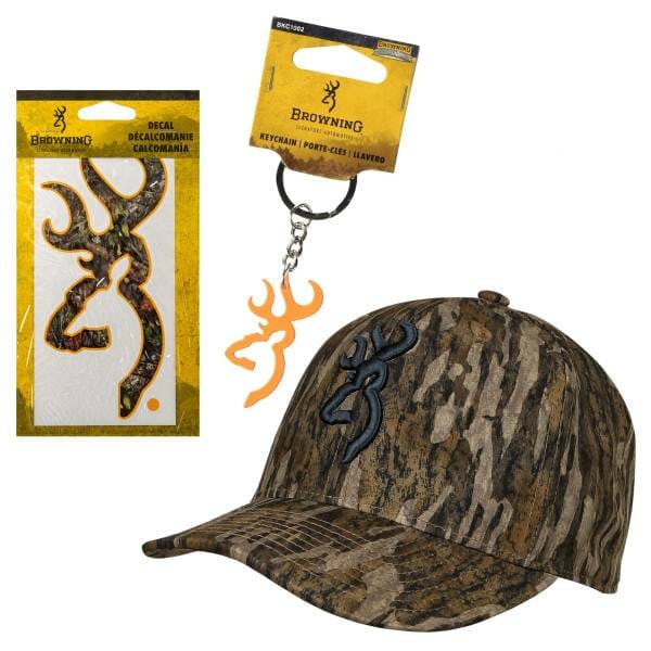 Camouflage hat with Browning logo, deer head decal sticker, and orange keychain featuring the same logo design.