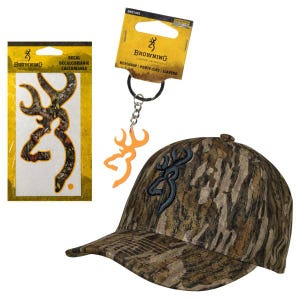 Camouflage hat with Browning logo, deer head decal sticker, and orange keychain featuring the same logo design.
