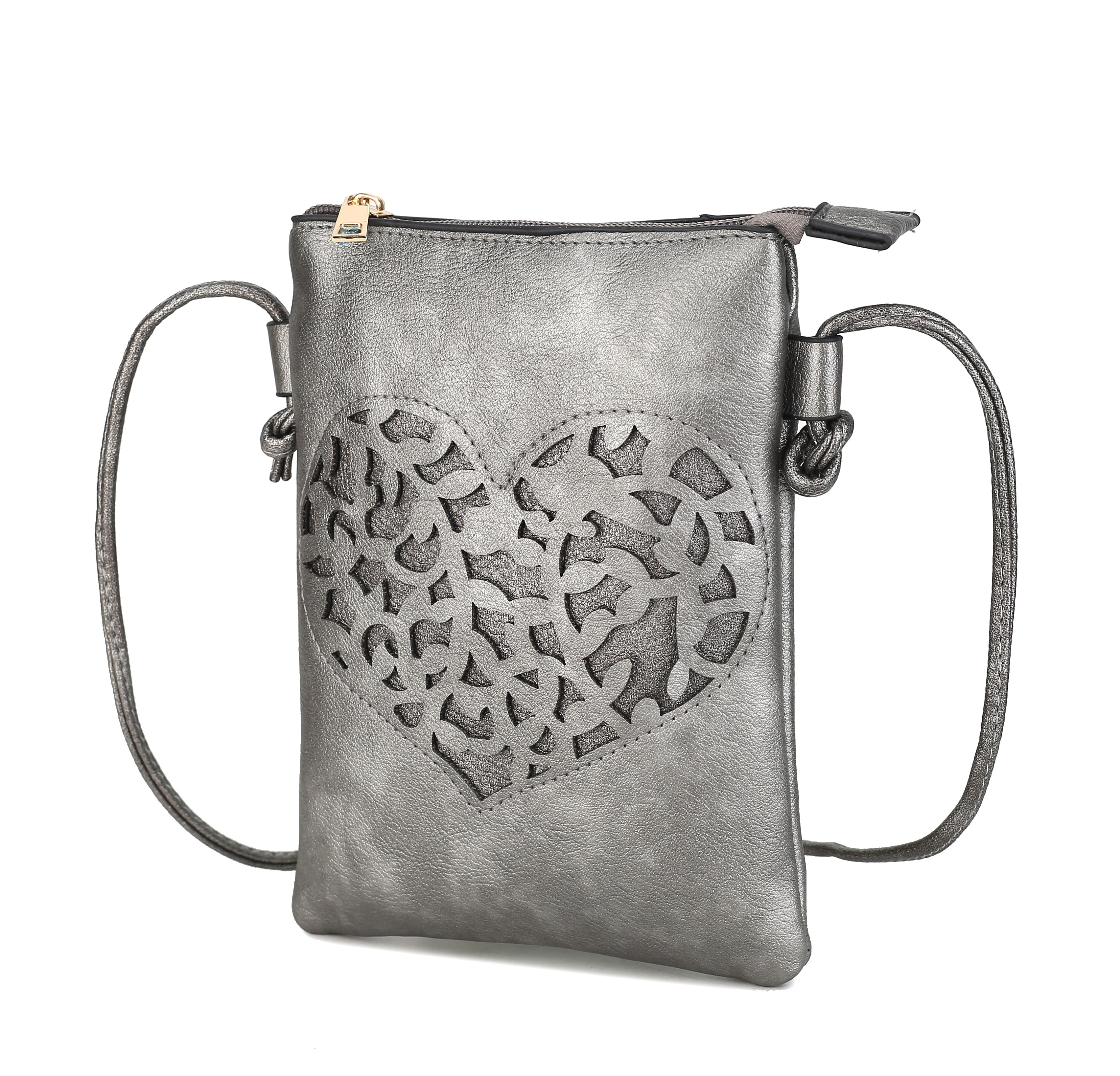 Silver crossbody bag with heart-shaped cut-out design.