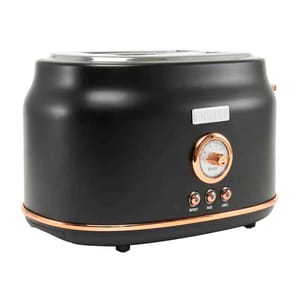 The Haden Dorset Wide-Slot Toaster features a retro design with a black and copper finish, three control buttons, and a dial for adjusting browning settings.
