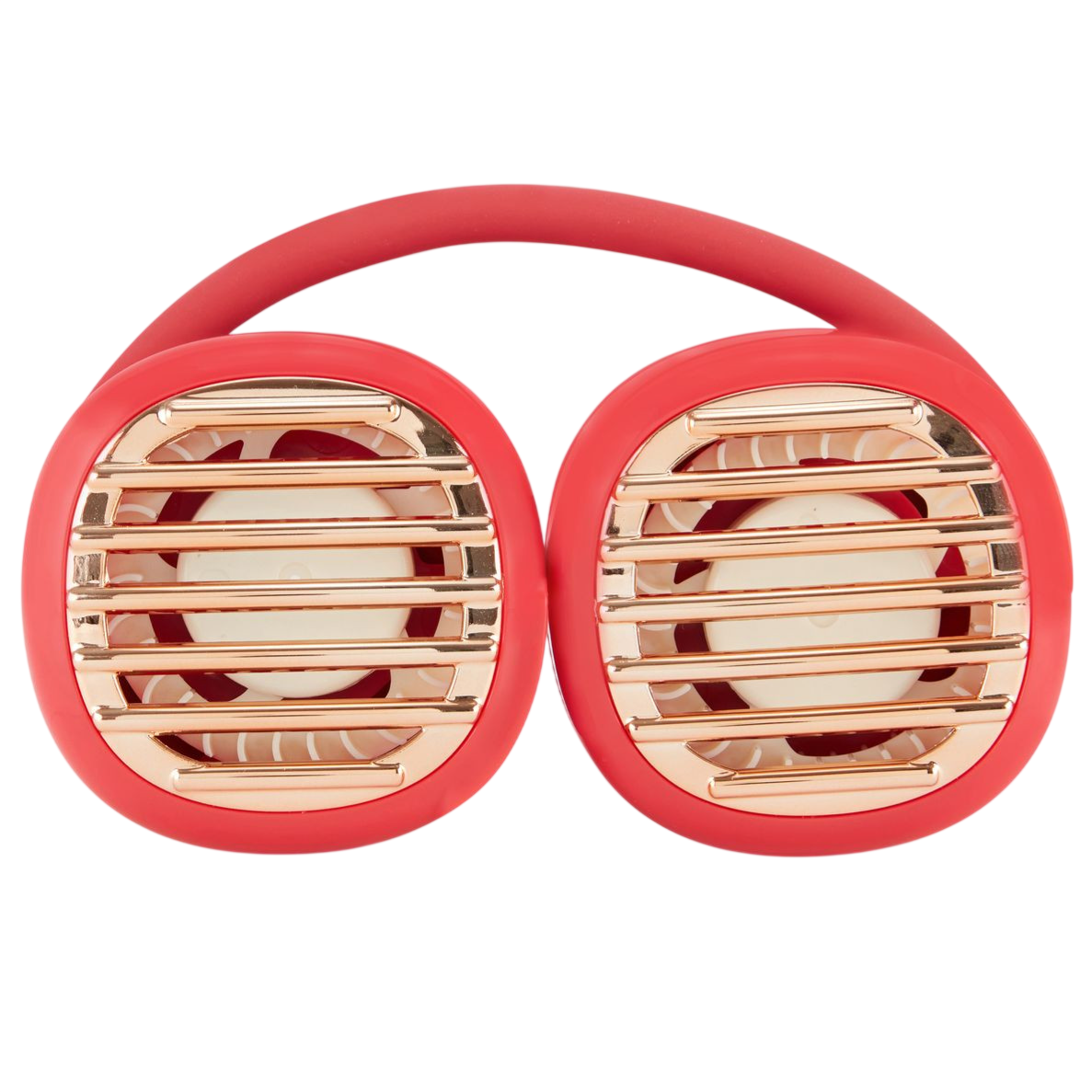 A red portable neck fan featuring two circular fans with gold-toned grills, designed for hands-free personal cooling.