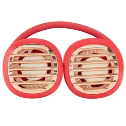 A red portable neck fan featuring two circular fans with gold-toned grills, designed for hands-free personal cooling.