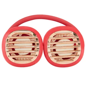 A red portable neck fan featuring two circular fans with gold-toned grills, designed for hands-free personal cooling.