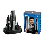 Men's grooming kit including a trimmer, nose and ear groomer, black stand with attachments, and accompanying box featuring a man's image on the front.
