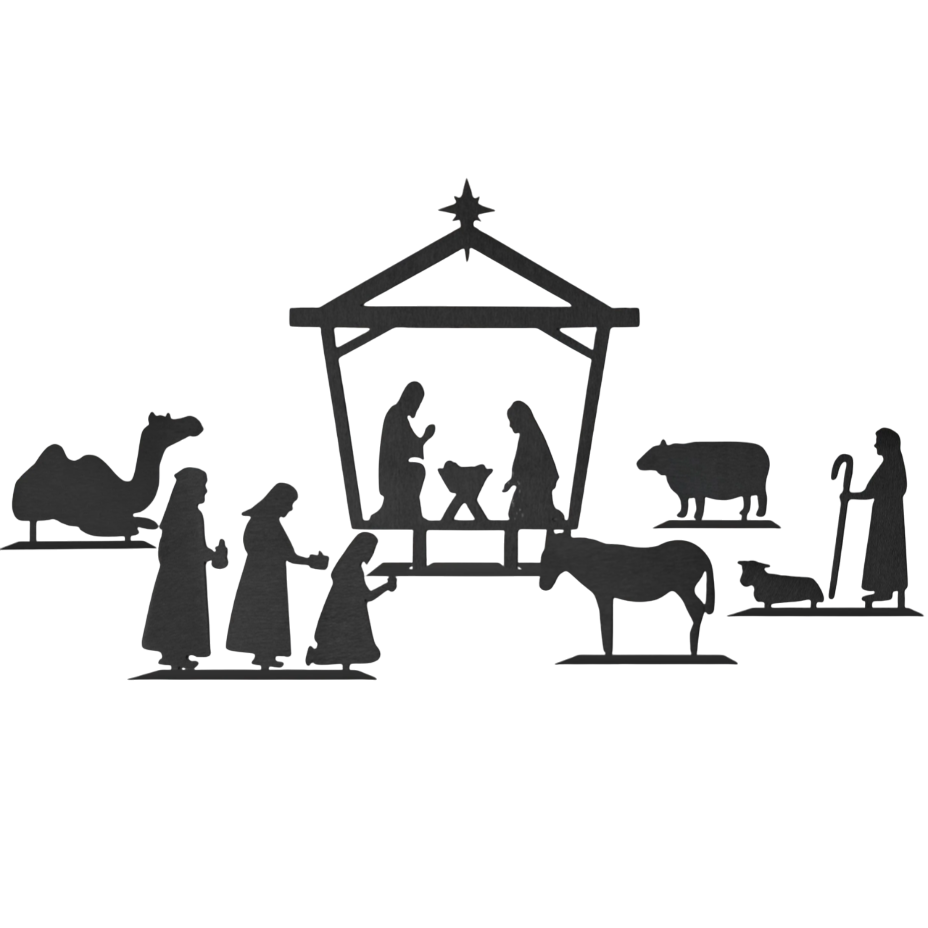 Silhouette-style nativity scene including Mary, Joseph, baby Jesus in a manger, three wise men, a camel, a cow, a donkey, a sheep, and a shepherd.