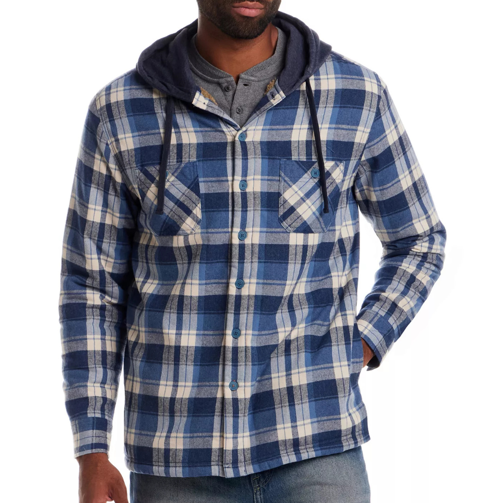 A man wears a blue and white plaid flannel shirt with a hood, layered over a gray henley shirt.