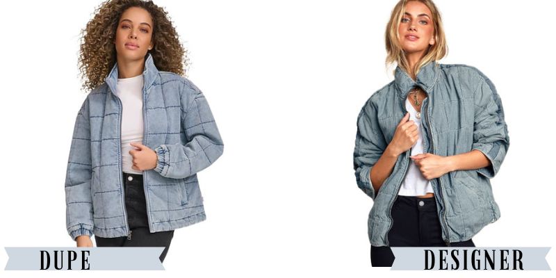 A quilted denim jacket from Macy's besides a similar jacket from Free People.