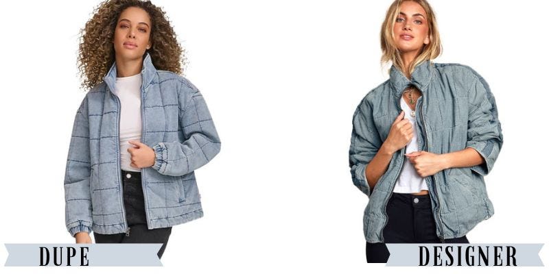 A quilted denim jacket from Macy's besides a similar jacket from Free People.