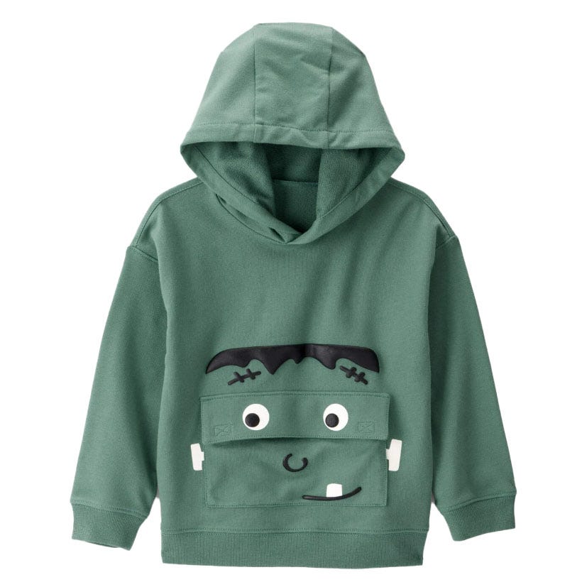 Green hoodie with a playful face design resembling a monster, featuring eyes and mouth detailing on the front.