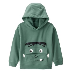 Green hoodie with a playful face design resembling a monster, featuring eyes and mouth detailing on the front.