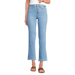 High-waisted, light blue jeans with a button fly and a slight flare at the hem, paired with brown flat sandals.