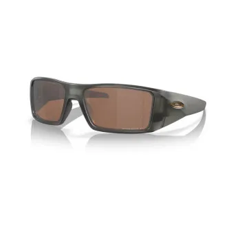 Oakley Heliostat Polarized Sunglasses feature a sleek, rectangular design with dark frames and brown-tinted lenses, offering UV protection and glare reduction.