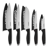 Six Cuisinart kitchen knives with black handles and protective covers are displayed, each varying in size and shape, including chef, santoku, utility, serrated, and paring knives.
