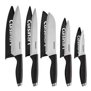 Six Cuisinart kitchen knives with black handles and protective covers are displayed, each varying in size and shape, including chef, santoku, utility, serrated, and paring knives.