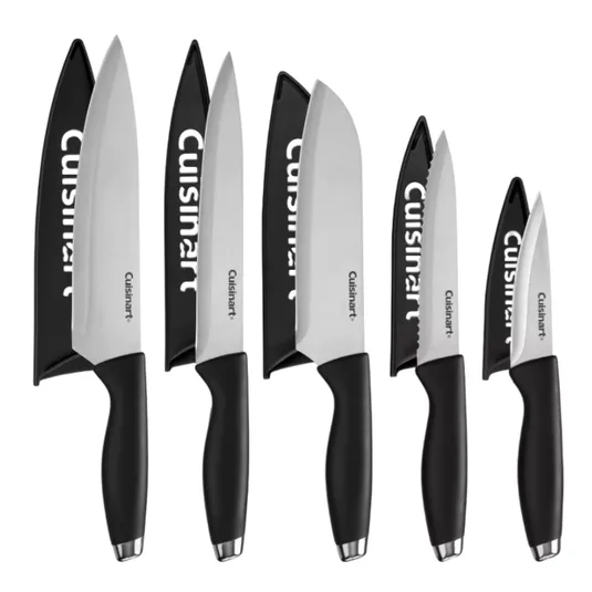 Six Cuisinart kitchen knives with black handles and protective covers are displayed, each varying in size and shape, including chef, santoku, utility, serrated, and paring knives.