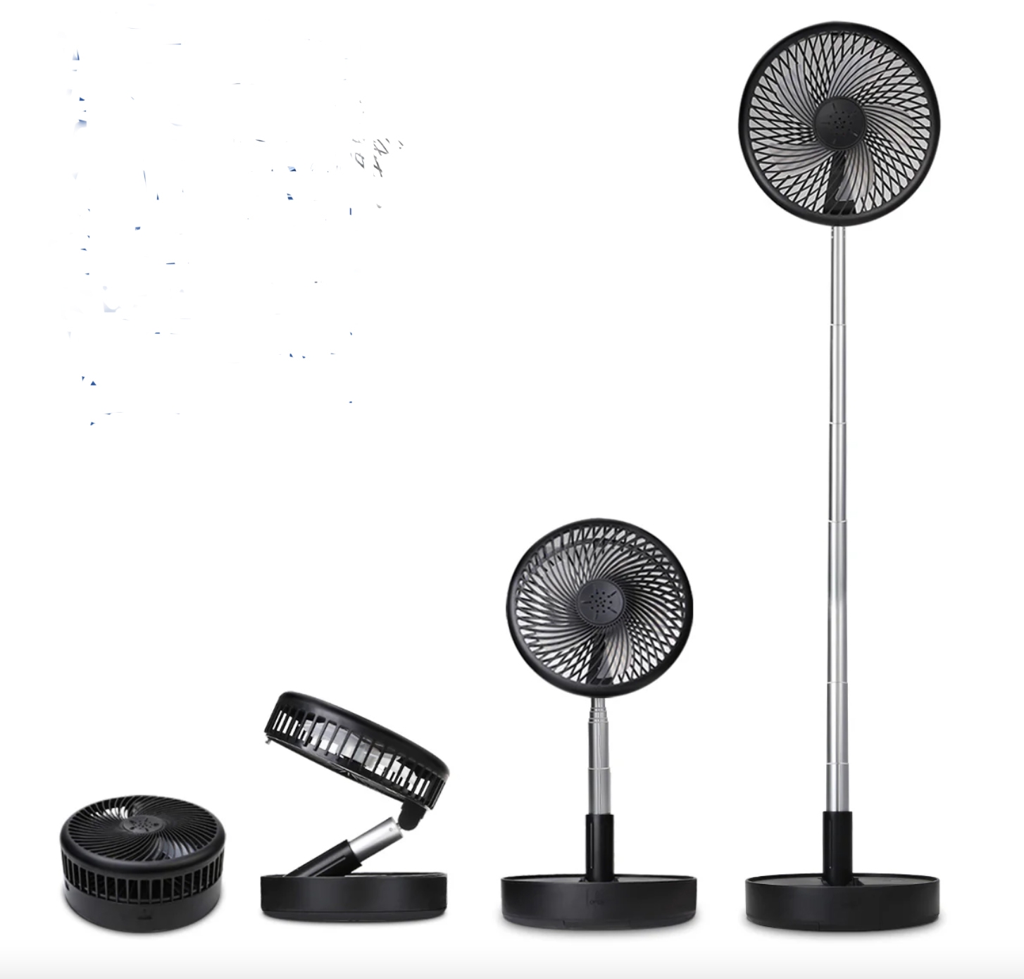 A black, adjustable, portable fan displayed in various configurations, from a compact, flat position to fully extended as a standing fan.