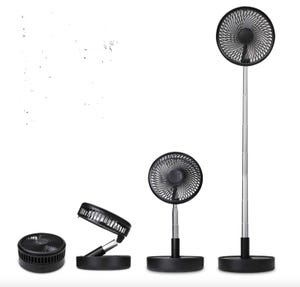A black, adjustable, portable fan displayed in various configurations, from a compact, flat position to fully extended as a standing fan.