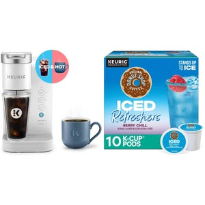 Keurig machine for iced and hot drinks with \“The Original Donut Shop Coffee\“ Iced Refreshers in Berry Chill flavor. Includes 10 K-Cup pods, showcasing versatility for brewing both cold and hot beverages.