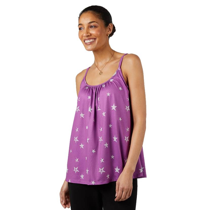 A purple cami with thin straps and a loose fit, decorated with a pattern of white stars.