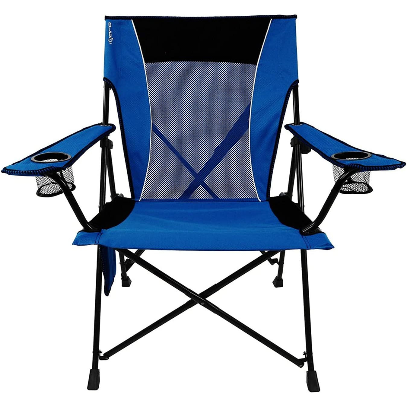 A blue Kijaro folding camp chair with a mesh back, dual armrest cup holders, and a sturdy black metal frame designed for outdoor use.